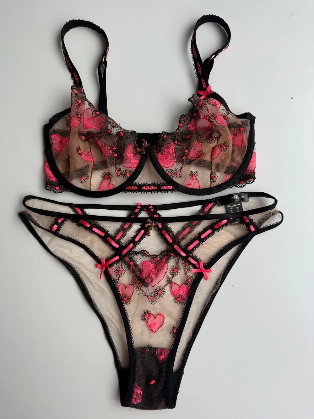 Honey Birdette Set Pasha Pink Black bra 8f 30g sister cup size 32ddd panty S